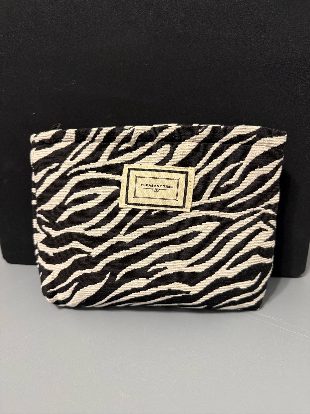 Zebra Print Pouch with 'Pleasant Time' Patch